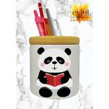 Eylül Design Kitap Okuyan Panda Baskılı Seramik Kalemlik Ahşap Detaylı Kalem Kutusu Doğum Günü Hediyesi