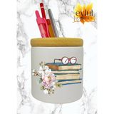 Eylül Design Kitaplar ve Çiçekler Baskılı Seramik Kalemlik Ahşap Detaylı Kalem Kutusu Doğum Günü Hediyesi