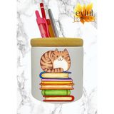 Eylül Design Kitaplar ve Kedi Baskılı Seramik Kalemlik Ahşap Detaylı Kalem Kutusu Doğum Günü Hediyesi
