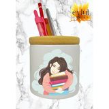 Eylül Design Kitaplar ve Kız Baskılı Seramik Kalemlik Ahşap Detaylı Kalem Kutusu Doğum Günü Hediyesi