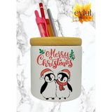 Eylül Design Merry Christmas Yılbaşı Temalı Baskılı Seramik Ahşap Detaylı Masaüstü Kalemlik Yılbaşı Hediyesi - Beyaz - Metalik Sarı