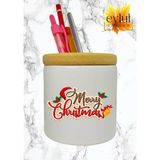 Eylül Design Merry Christmas Yılbaşı Temalı Baskılı Seramik Ahşap Detaylı Masaüstü Kalemlik Yılbaşı Hediyesi - Beyaz - Mor - Sarı