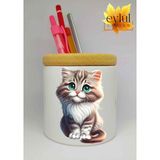 Eylül Design Sevimli Kedi Baskılı Seramik Kalemlik Ahşap Detaylı Makyaj Fırça Kutusu Kalem Kutusu