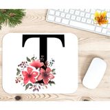 Eylül Design T Harfi Pembe Çiçekli Baskılı Özel Tasarım Dikdörtgen Kaydırmaz Mousepad - Buz Mavi