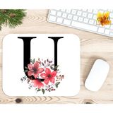 Eylül Design U Harfi Pembe Çiçekli Baskılı Özel Tasarım Dikdörtgen Kaydırmaz Mousepad - Adrenalin Mavi