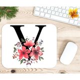 Eylül Design V Harfi Pembe Çiçekli Baskılı Özel Tasarım Dikdörtgen Kaydırmaz Mousepad - Adrenalin Mavi