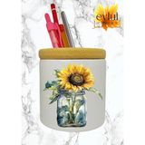 Eylül Design Vazoda Ayçiçek Baskılı Seramik Kalemlik Ahşap Detaylı Kalem Kutusu Doğum Günü Hediyesi