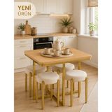 Eylül Puflu Gold Metal 4 Kişilik Masa Takımı Mutfak Masası Takımı Balkon Masası Takımı Kahve Masası Takımı Krem Kumaş - Açık Ceviz