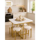 Eylül Puflu Gold Metal 4 Kişilik Masa Takımı Mutfak Masası Takımı Balkon Masası Takımı Kahve Masası Takımı Krem Kumaş - Beyaz Mermer
