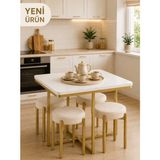 Eylül Puflu Gold Metal 4 Kişilik Masa Takımı Mutfak Masası Takımı Balkon Masası Takımı Kahve Masası Takımı Krem Kumaş - Beyaz
