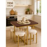 Eylül Puflu Gold Metal 4 Kişilik Masa Takımı Mutfak Masası Takımı Balkon Masası Takımı Kahve Masası Takımı Krem Kumaş - Koyu Ceviz