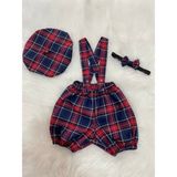 Eylülce Butik Ekoseli Çocuk Askılı Şort Salopet & Ressam Şapkası & Papyon Takım - Pasta Patlatma Kostümü - 3 - 4 Yaş - 09L-Lacivert