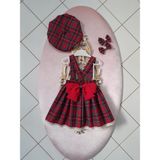 Eylülce Butik Kız Çocuk Ekoseli Salopet Elbise & Şapka & Toka Takım - 240 - Kırmızı - 5 - 6 Yaş