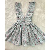 Eylülce Butik Kız Çocuk Mavi Çiçekli Fiyonklu Fırfır Askılı Salopet Elbise (%100 Pamuk Kumaştan Üretilmiştir.) - Açık Mavi - 1 Yaş