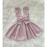 Eylülce Butik Kız Çocuk Pembe Çiçekli Fiyonklu Fırfır Askılı Salopet Elbise (%100 Pamuk Kumaştan Üretilmiştir.) - 0P - Pembe - 6 - 12 Ay