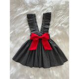 Eylülce Butik Kız Çocuk Siyah Beyaz Puantiye Kırmızı Fiyonklu Fırfır Askılı Salopet Elbise (%100 Pamuk Kumaş) - 7 - 8 Yaş