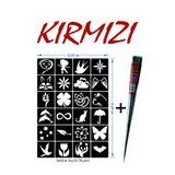 EYMEN ÇARŞI /Kına Kalıbı ve Kına/24 Farklı Desen Kına Şablonu ve Kırmızı Hint Kınası/Geçici Dövme Seti