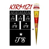 EYMEN ÇARŞI /Taraftar Kına Kalıbı ve Kına/4 Farklı Ebatta 11 Adet Kına Şablonu ve Kırmızı Hint Kınası/Geçici Dövme Seti Ts/stkn31