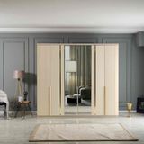 Eymense Biblo 240'LIK Modern Tasarımlı Gardırop 6 Kapılı Bej Renk Ayna ile MDF Malzemeden