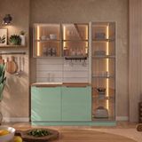 Eymense Hera 170 Cm Mutfak Dolabı Seti %100 Mdf Ledli Boy Dolaplı Lavabolu Raflı Mutfak Dolabı Takımı 5 Modül Tezgah Dahil Yeşil Bej Çok Renkli