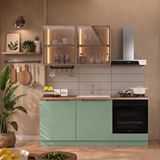 Eymense Hera 180 Cm Mutfak Dolabı Seti %100 Mdf Ledli Fırın Modüllü Lavabolu Raflı Mutfak Dolabı Takımı 5 Modül Tezgah Dahil Yeşil Bej Çok Renkli
