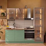 Eymense Hera 230 Cm Mutfak Dolabı Seti %100 Mdf Ledli Boy Dolaplı Fırın Modüllü Lavabolu Raflı Mutfak Dolabı Takımı 6 Modül Tezgah Dahil Yeşil Bej Çok Renkli