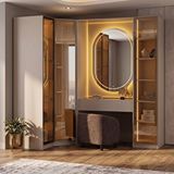 Eymense Lora Camlı Gardırop %100 Mdf Makyaj Üniteli Puflu Köşeli Modüler Giyinme Odası Dolabı - Bej