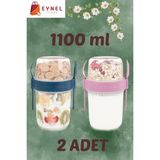 Eynel 2li Set 1100 ml Take-Go Kaşıklı Hazneli Meyveli Yoğurt Kabı Piknik Atıştırmalık Granola Süt Bardak - Çok Renkli