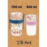 Eynel 2li Set 1100 ve 650 ml Kaşıklı Hazneli Meyveli Yoğurt Kabı Piknik Atıştırmalık Plastik Süt Bardak - Çok Renkli