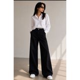 eyonnwear Kadın Siyah Yüksek Bel Geniş Bol Paça Okul Pantolonu Wide Leg
