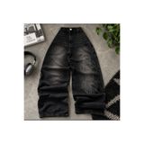 eyonnwear Unisex Siyah Lazer Nakışlı Salaş Kesim Wide Leg Bol Paça Baggy Kot Pantolon