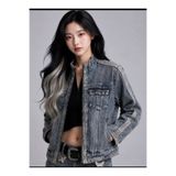 eyonnwear Zoya Boutique Kadın Gri Eskitme Vintage Motorcu Kot Ceket Fermuarlı Hakim Yaka Biker Denim Mont