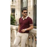 Ezel Glory Erkek Renkli Yakalı File Desenli Kısa Kollu Tişört - Bordo - 2XL