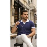 Ezel Glory Erkek Renkli Yakalı File Desenli Kısa Kollu Tişört - Lacivert - 2XL