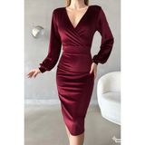 Ezraa Kadife Kumaş Uzun Kollu Kruvaze Elbise - 2XL - Bordo