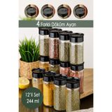 Ezupack Cam Baharatlık Siyah Kapaklı 4 Farklı Dökme Ayarlı 12'Li Set 244 Ml