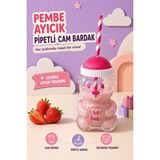 Ezupack Cam Bardak Ayıcıklı Soğuk Frozen Detox Latte Içecek Bardağı Pipetli 500 ml Pembe Kapaklı
