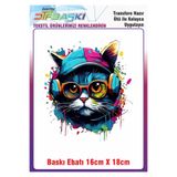 F17 Ajans Müzik Dinleyen Kedi Ütü ile Yapışan Kumaş Tekstil Kıyafet Dtf Baskı