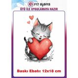 F17 Ajans Sevimli Kedi ve Kalp Ütü ile Yapışan Tekstil Kumaş Tişört Dtf Baskı