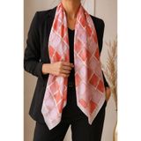 FA LORA TAKI İpek Saten Geometrik Desenli Kadın Fular 90x90 cm Pudra Mercan Klips Hediye