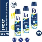 Fa Men Sport Erkek Sprey Deodorant 150 ml x 3 – Turunçgil ve Yeşillik Ferahlığı, 48 Saat Etkili Koruma, Beyaz Leke Karşıtı