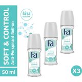 Fa Soft & Control Pudrasız Yasemin Kokulu Kadın Roll-On Deodorant, Kuru Yağ Teknolojisi, 50 ml x 3'lü Paket