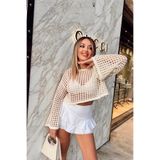 FAA BUTİK Ajurlu Model Yarasa Kol Kayık Yaka Salaş Kaşındırmaz Pamuklu Crop Triko Bluz BLU020