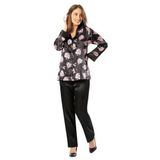 FAAL 4607 Kadın Saten Uzun Kollu Pijama Takım-Siyah Çiçek Desenli, Uzun Kollu, Kadın Gecelik Seti (XL)