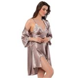 FAAL DANTEL DETAYLI SATEN GECELİK SABAHLIK TAKIM 2115 Dantel Detaylı, Lacivert ve Vizon, Kadın Pijama Takımı (VİZON, 2XL)