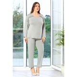 Faal Kadın Büyük Beden Uzun Kollu Dantel Detaylı Pijama Takımı, Gri, 4XL