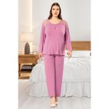 FAAL Kadın Büyük Beden Uzun Kollu Dantel Detaylı Pijama Takımı, Gül Kurusu, 3XL