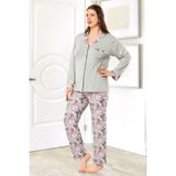 FAAL Kadın Büyük Beden Uzun Kollu Önden Düğmeli Pijama Takımı, Gri, Çiçek Desenli