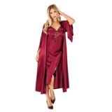FAAL Kadın Dantel Detaylı Saten İp Askılı Uzun Gecelik Sabahlık Takım, Bordo, 2XL