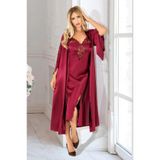 FAAL Kadın Dantel Detaylı Saten İp Askılı Uzun Gecelik Sabahlık Takım, Bordo, 2XL